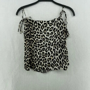 H&M Tank Top Womens Sz M Cream Black Cheetah Print Strappy Smocked Back Crop Top